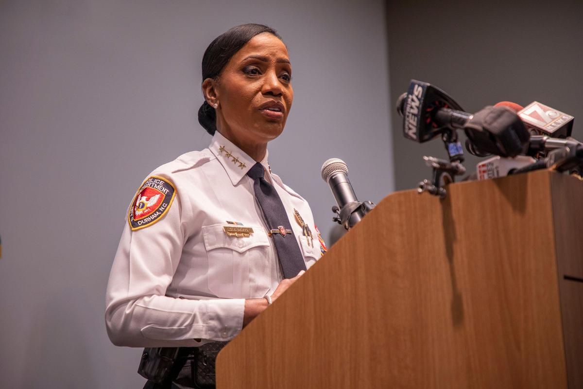 Durham Police Chief C.J. Davis, answers questions after a press conference held by a coalition of local law enforcement agencies to address the increase in violent crime in the recent weeks, including the death of 9-year-old Z’yon Person four days prior, on Thursday, Aug. 22, 2019, at the Durham Police Headquarters in Durham, NC.