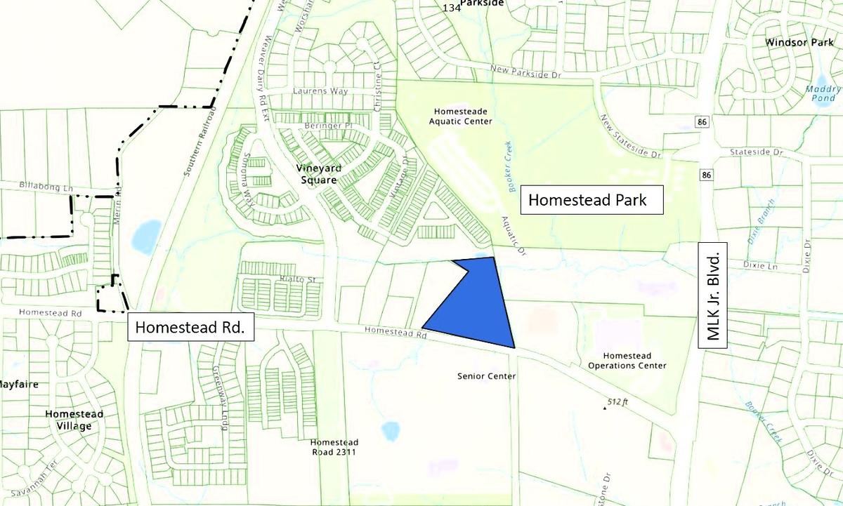 The Maddry Meadows apartment building (shown in blue) would be located across Homestead Road from the Seymour Senior Center and just a short walk from Homestead Park and the Aquatic Center.