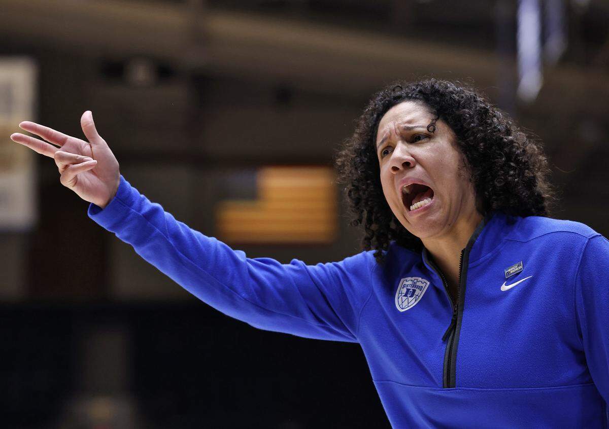 Duke head coach Kara Lawson instructs her team during the second half of the Blue Devils’ 69-46 second-round NCAA Tournament win over Baylor on Sunday, March 22, 2026, at Cameron Indoor Stadium in Durham, N.C.