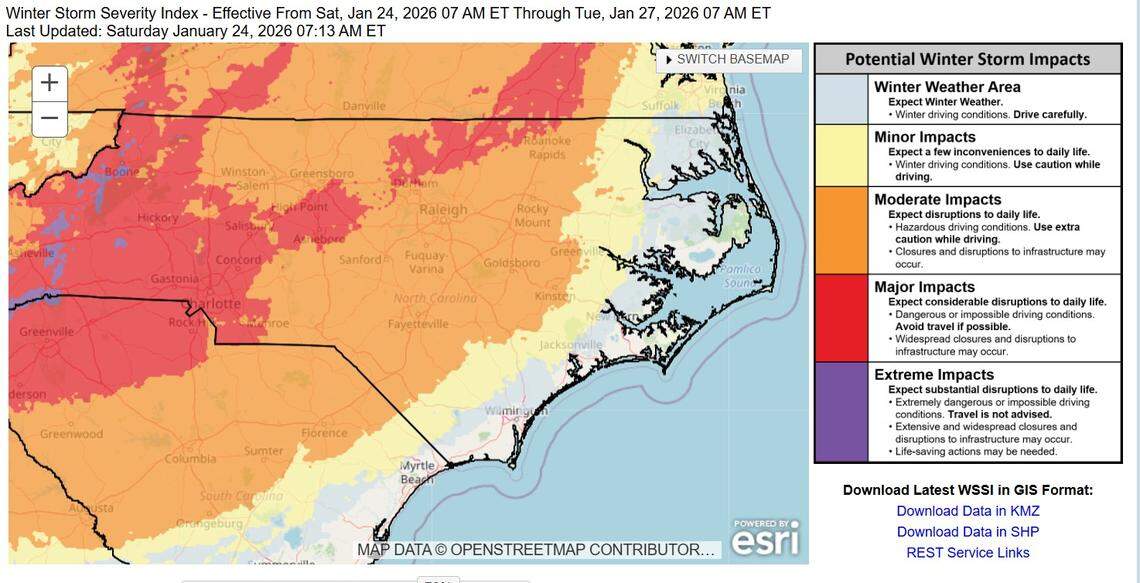 This “Winter Storm Severity Index” map from NOAA and the National Weather Service shows the areas likely to be hardest hit by the storm approaching on Saturday.