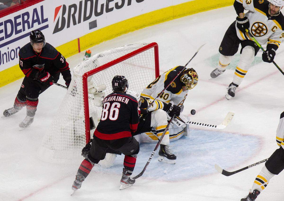 Boston’s Tuukka Rask (40) blocks a shot against Carolina during the third period of Game 3 of the Eastern Conference Finals Tuesday, May 14, 2019 at PNC Arena in Raleigh, NC. Boston won 2-1.