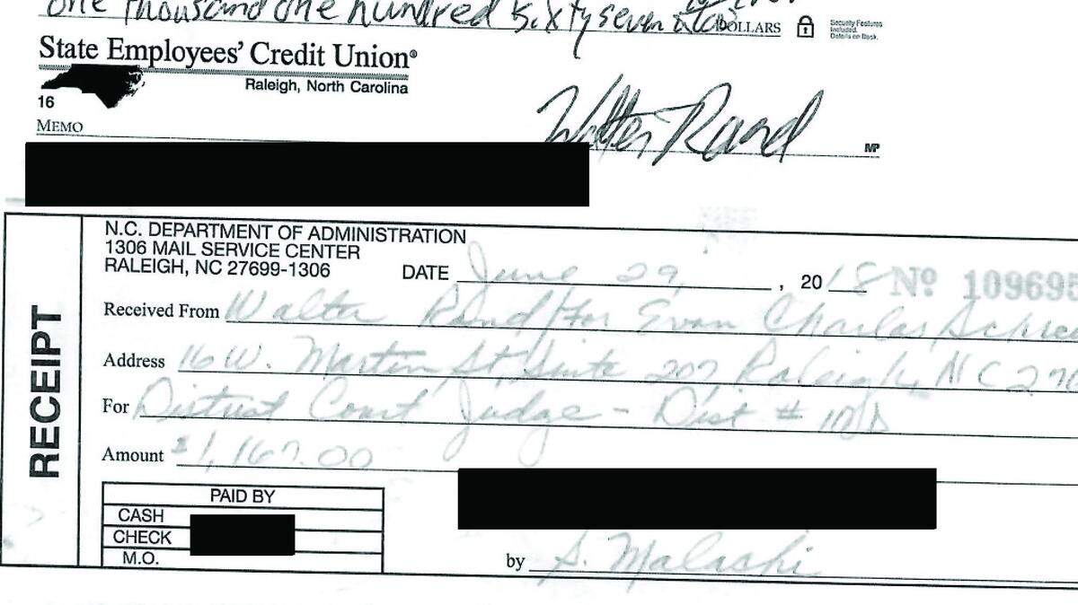 An image of attorney Walter Rand's receipt for the check he wrote to the N.C. Department of Administration to cover his friend Evan Schreier's Wake County District Court filing fee.