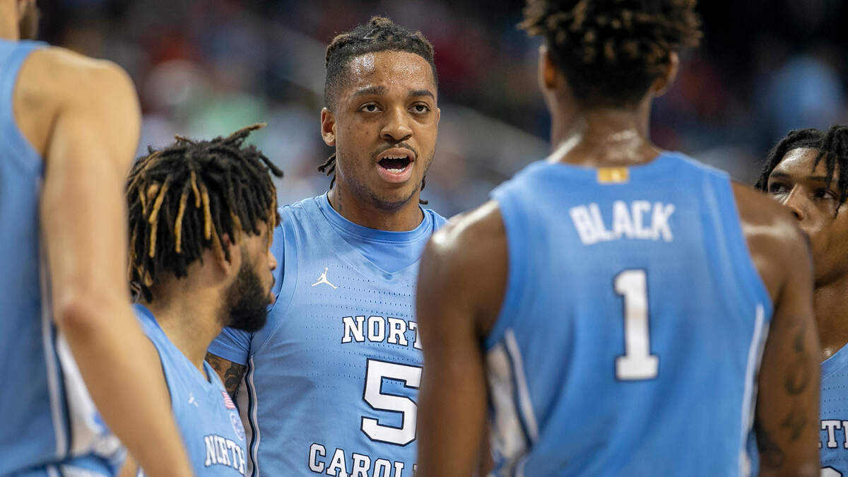 North Carolina’s Armando Bacot (5) talks with his teammates during a time out in the first half during the third round of the ACC Tournament on Thursday, March 9, 2023 at the Greensboro Coliseum in Greensboro, N.C.
