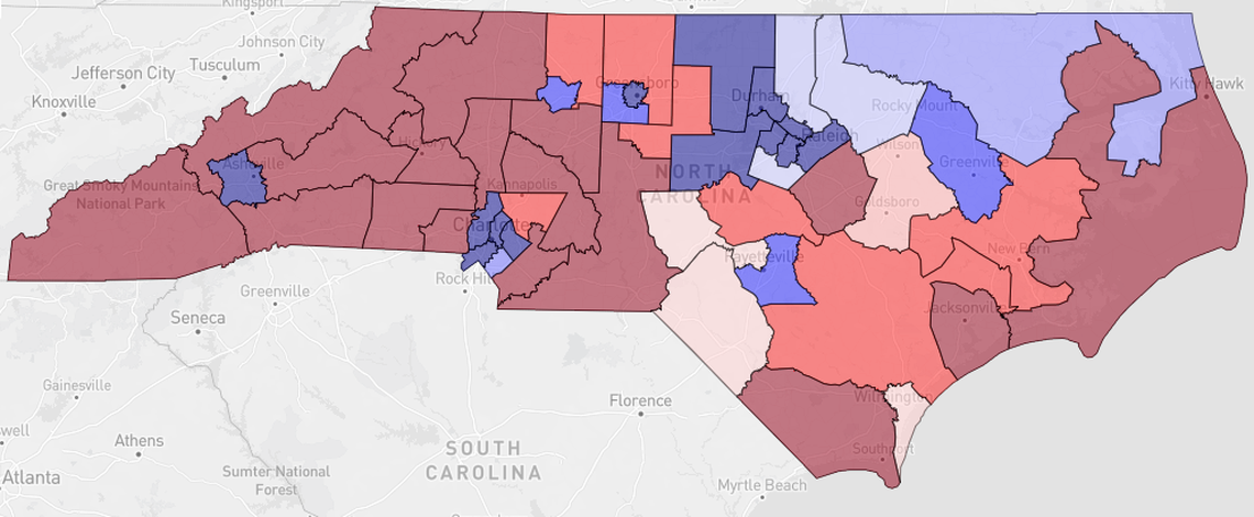 A map showing the hypothetical partisan lean of the 50 NC Senate seats in a map proposed by the North Carolina General Assembly in the 2022 gerrymandering lawsuit, based on data from the website Dave’s Redistricting App.