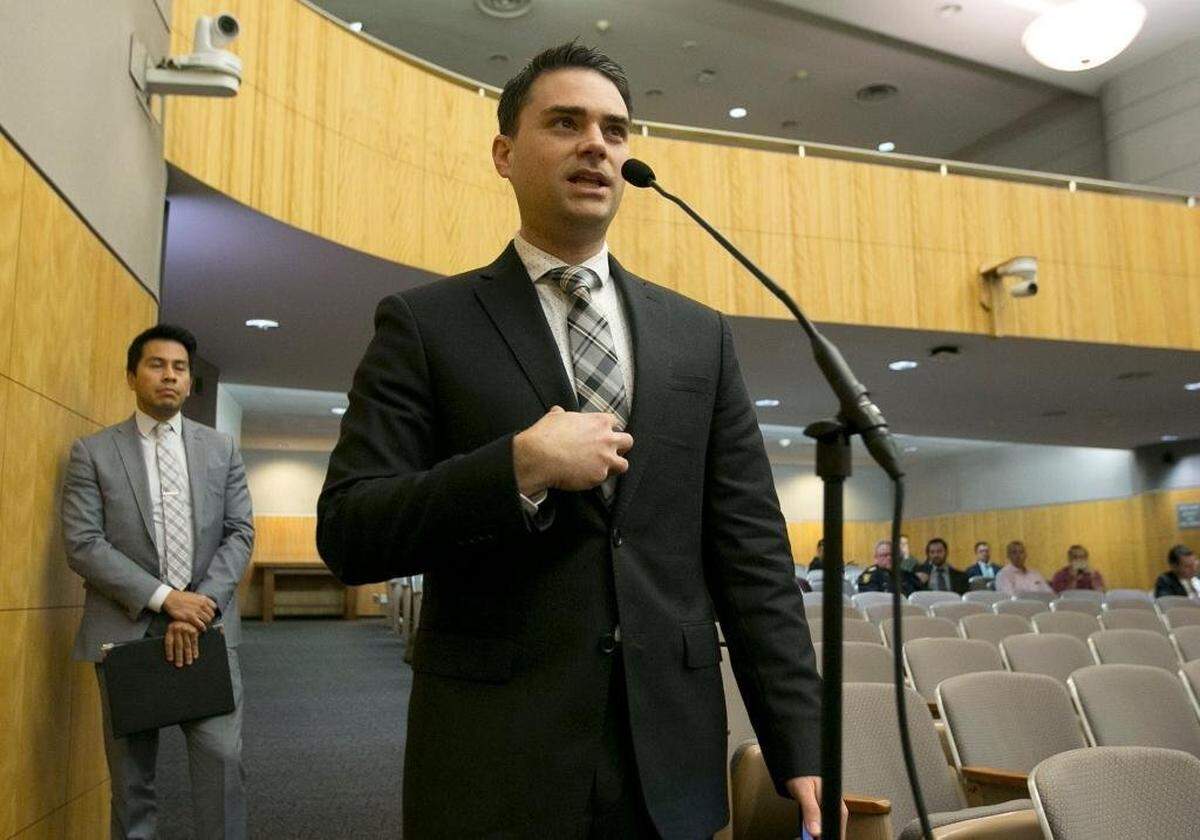 Conservative writer Ben Shapiro speaks during the first of several legislative hearings planned to discuss balancing free speech and public safety Tuesday, Oct. 3, 2017, in Sacramento, Calif.