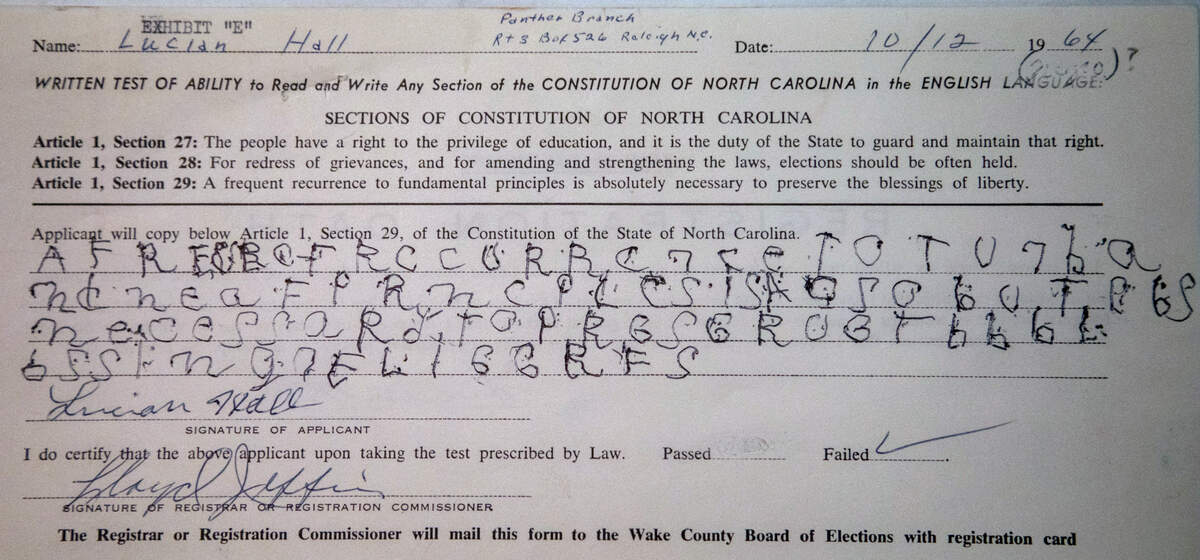 An example of a literacy test from October 1964 used to determine voter eligibility photographed at the City of Raleigh Museum.
