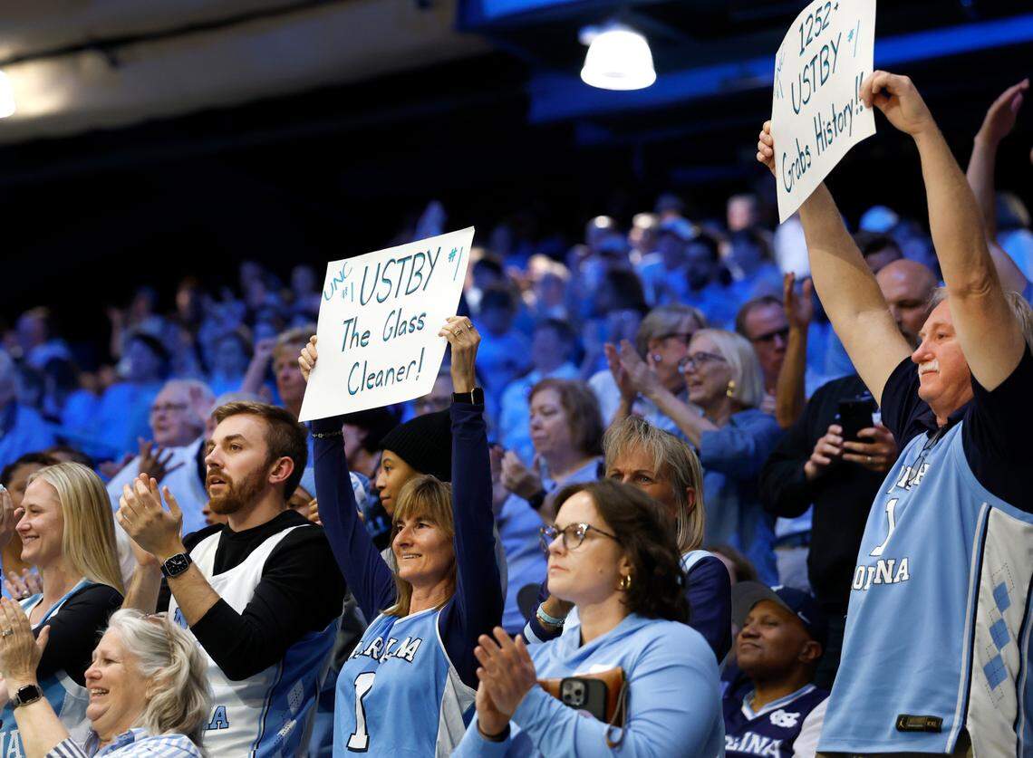 Fans celebrate after North Carolina’s Alyssa Ustby grabbed an offensive rebound making her the leading rebounder in North Carolina women’s basketball history during the Tar Heels victory over Oregon State in the first round of the NCAA women’s basketball tournament at Carmichael Arena in Chapel Hill Saturday, March 22, 2025.