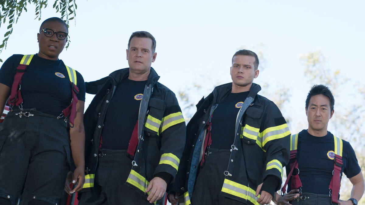 (L-R):  Aisha Hinds, Peter Krause, Oliver Stark and Kenneth Choi in part 1 of the season premiere of “9-1-1” on Fox.