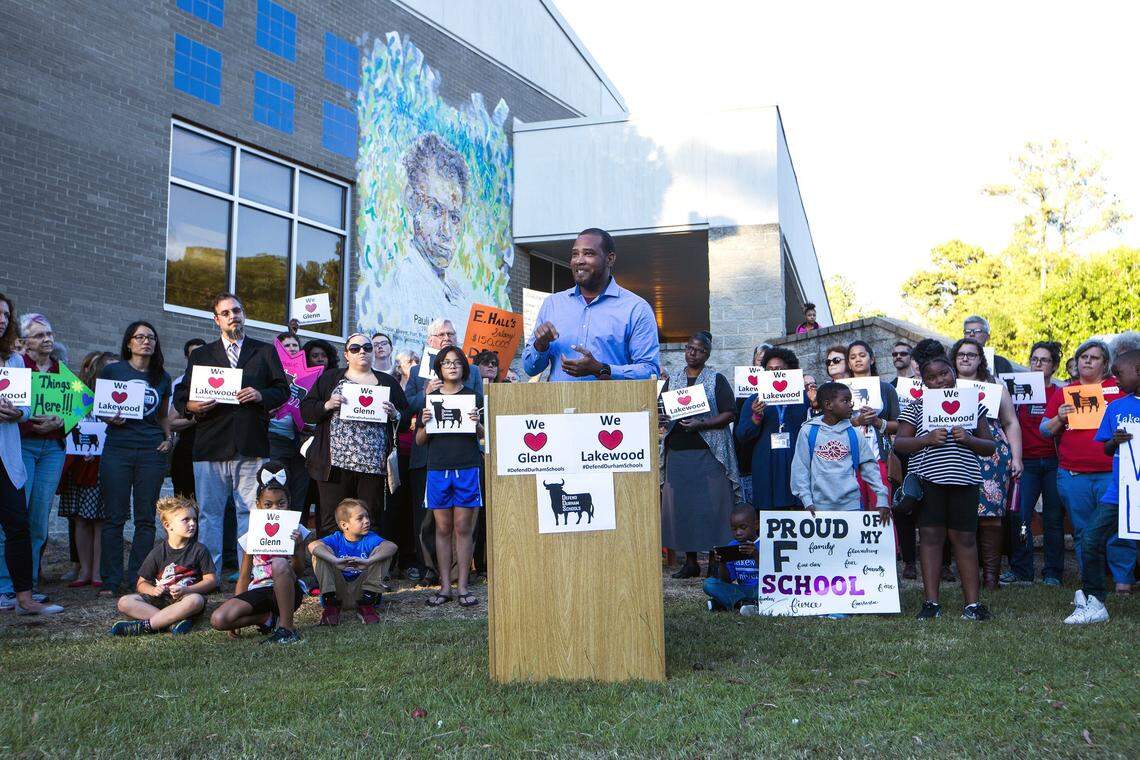 Mike Lee, Chair of Durham’s Board of Education, spoke at an Oct. 3, 2017 event against a proposal to include Durham schools in the new Innovative School District. Southside Ashpole Elementary in Robeson County was eventually chosen instead. for the program where the state is taking over low-performing schools to be run by an outside company.