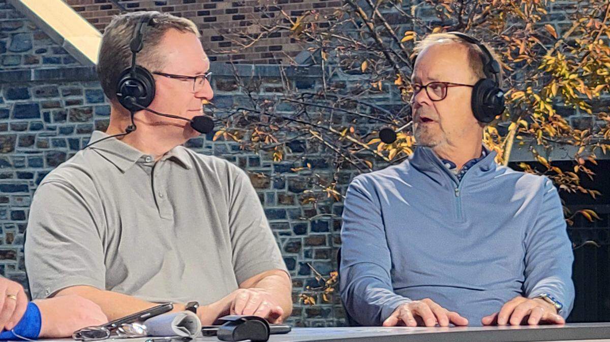 Former Duke football coach David Cutcliffe talks with Wes Durham during a taping of ACC Huddle Friday, Oct. 25, 2024.