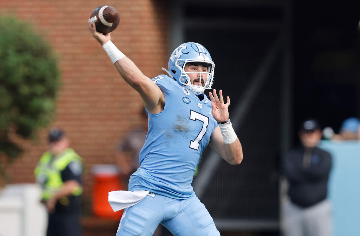UNC quarterback Sam Howell (7) throws during the first half of North Carolina’s game against Miami at Kenan Stadium in Chapel Hill, N.C., Saturday, October 16, 2021.