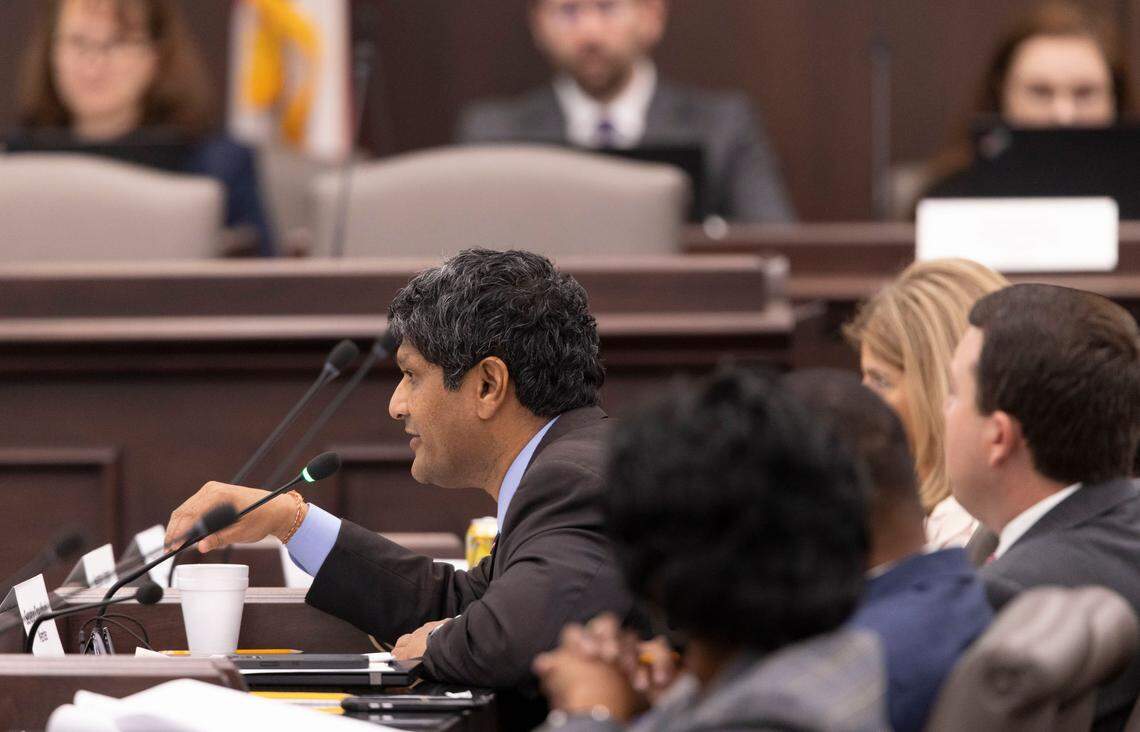 Senator Jay Chaudhuri of Wake County questions Senator Deanna Ballard during discussion of HB 755 before the Senate Education/Higher Education Committee on Wednesday, May 25, 2022 in the Legislative Office Building in Raleigh, N.C.