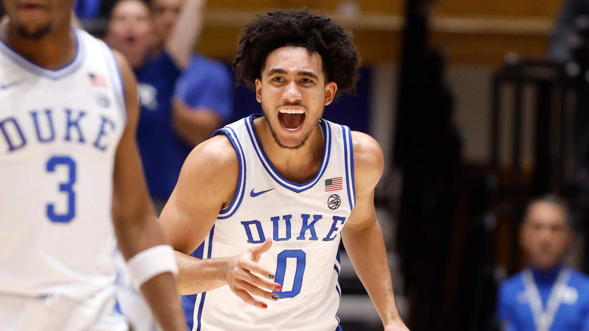 Duke’s Jared McCain (0) celebrates as a timeout is called during the second half of Duke’s 86-66 victory over Syracuse at Cameron Indoor Stadium in Durham, N.C., Tuesday, Jan. 2, 2024.