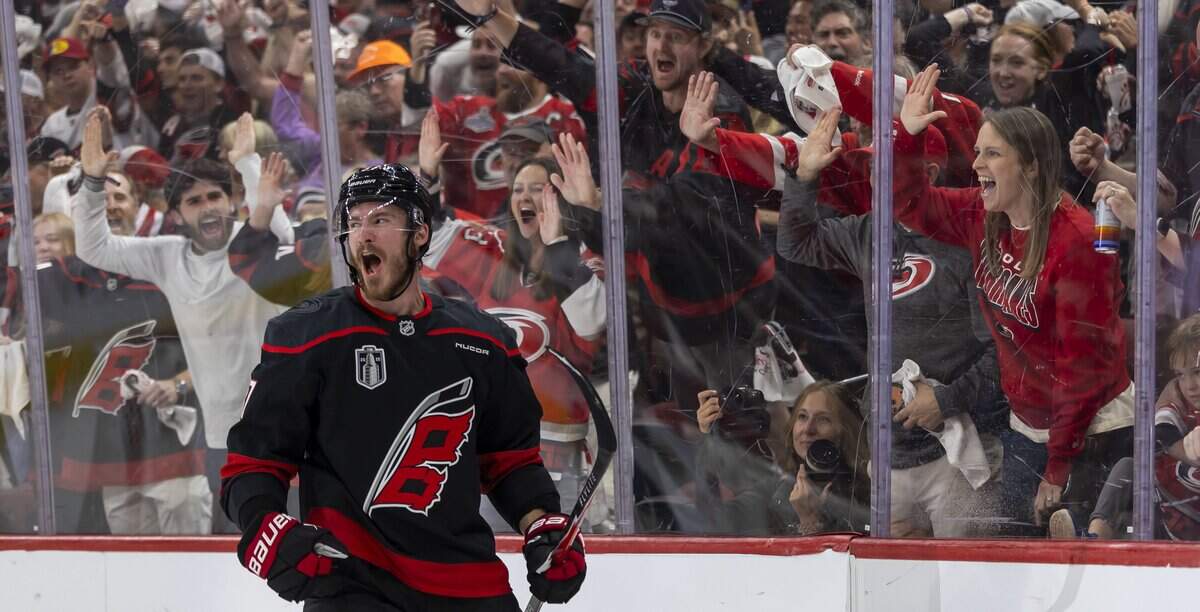 Carolina Hurricanes right wing Andrei Svechnikov (37) reacts after scoring on Vegas goalie Carter Hart (79) in the third period to take s 4-1 lead, in Game 5 of the Stanley Cup Final against Vegas, on Thursday, June 11, 2026 at Lenovo Center in Raleigh, N.C.