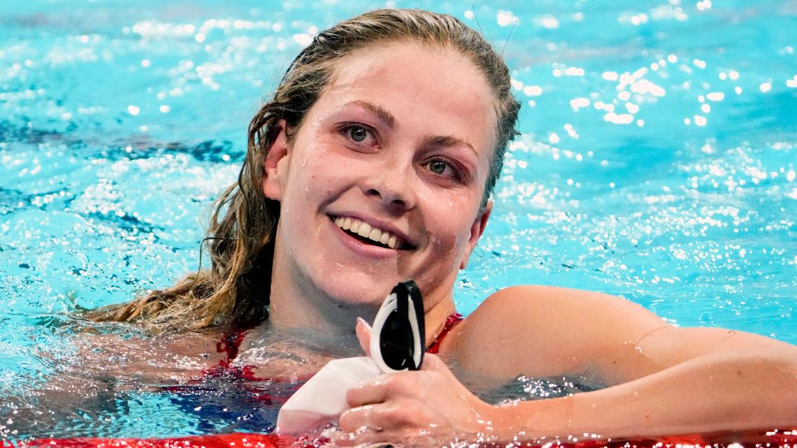 Katherine Berkoff in the women’s 100-meter backstroke preliminary heats during the Paris 2024 Olympic Summer Games at Paris La Défense Arena.