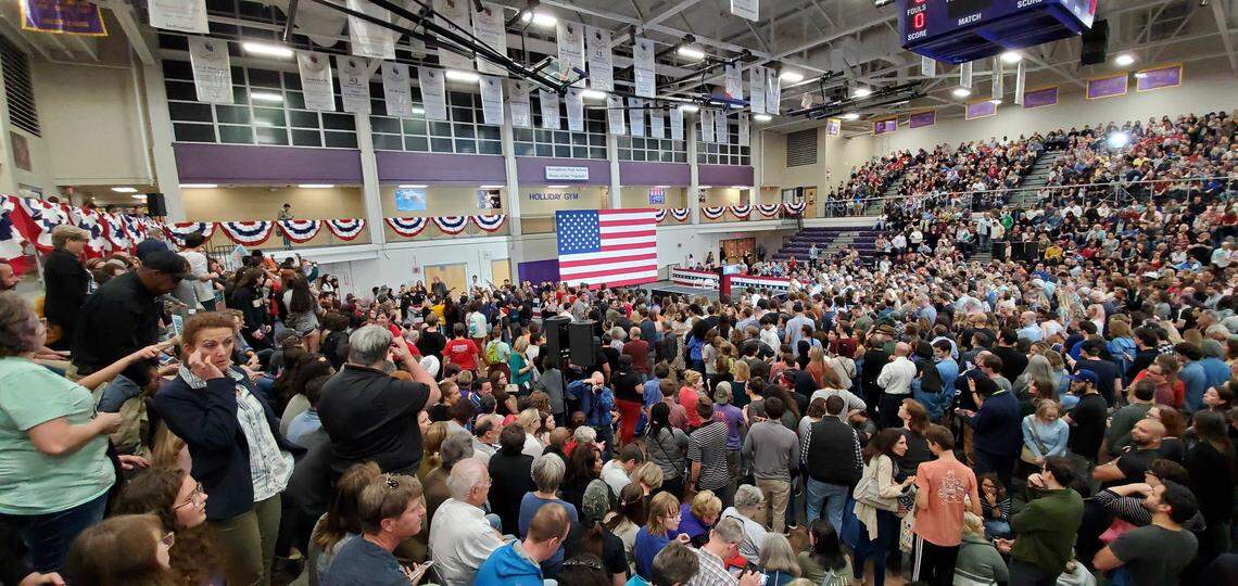 A crowd fills the Broughton High School gym at an Elizabeth Warren rally Nov. 7, 2019, in Raleigh, North Carolina.