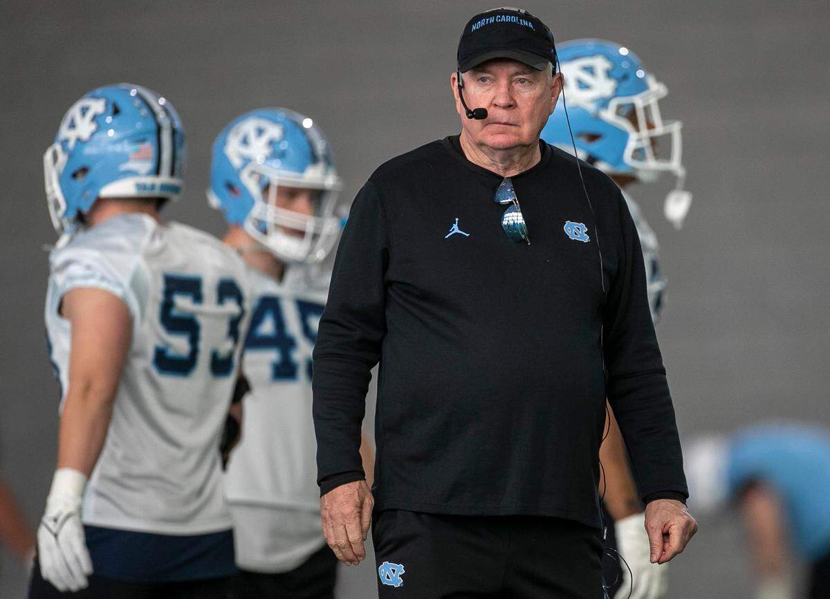 North Carolina head coach Mack Brown watches the Tar Heels’ practice on Tuesday, March 7, 2023 in Chapel Hill, N.C.