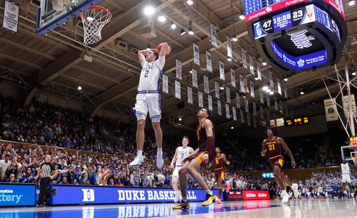 Duke’s Cooper Flagg (2) heads to slam in two during Duke’s 103-47 victory over Arizona State in the Brotherhood Run Charity Game at Cameron Indoor Stadium in Durham, N.C., Sunday, Oct. 27, 2024.