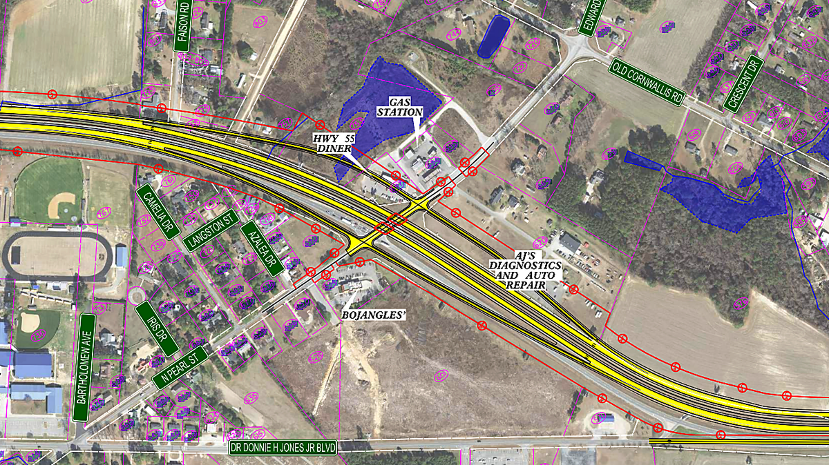 The state Department of Transportation’s revised plans for turning U.S. 70 into a freeway at Princeton include a compact diamond interchange at North Pearl Street and Edwards Road.