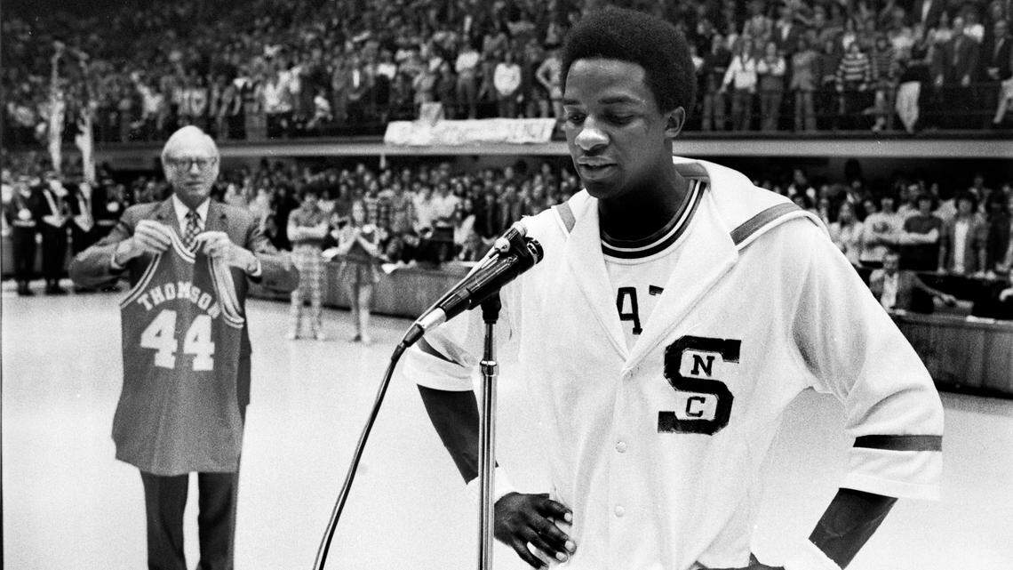 David Thompson speaks to the crowd in Reynolds Coliseum before playing his last home game as a senior March 2, 1975. Thompson turned 70 years old Saturday.