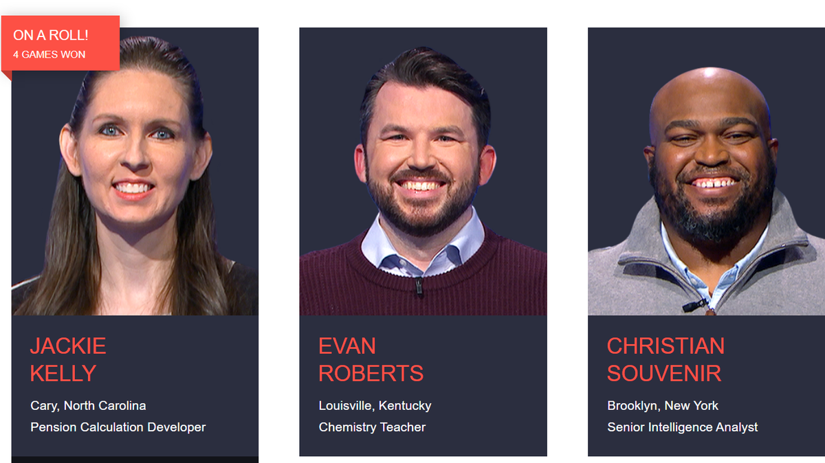 “Jeopardy!” contestants for March 31, 2022, including Jackie Kelly of Cary, NC.
