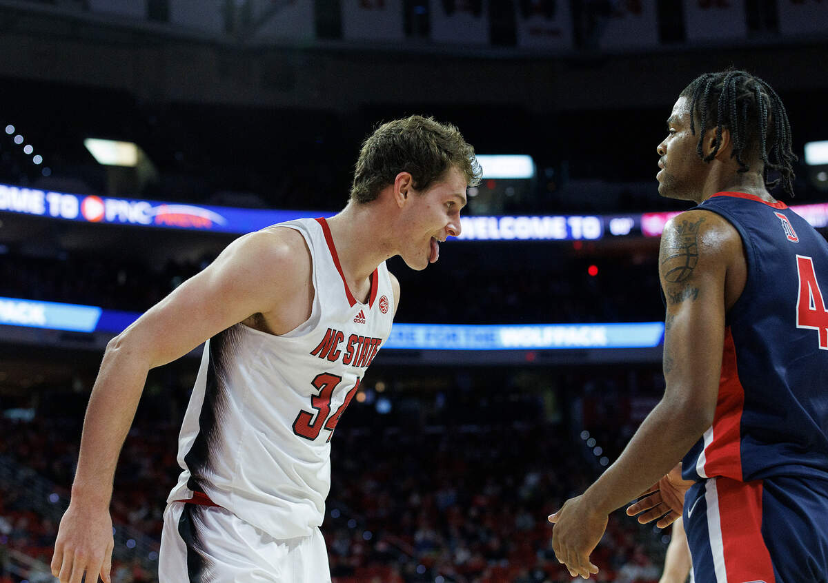 N.C. State’s Ben Middlebrooks reacts after an and-one during the second half of the Wolfpack’s 83-66 win over Detroit on Saturday, Dec. 23, 2023, at PNC Arena in Raleigh, N.C.