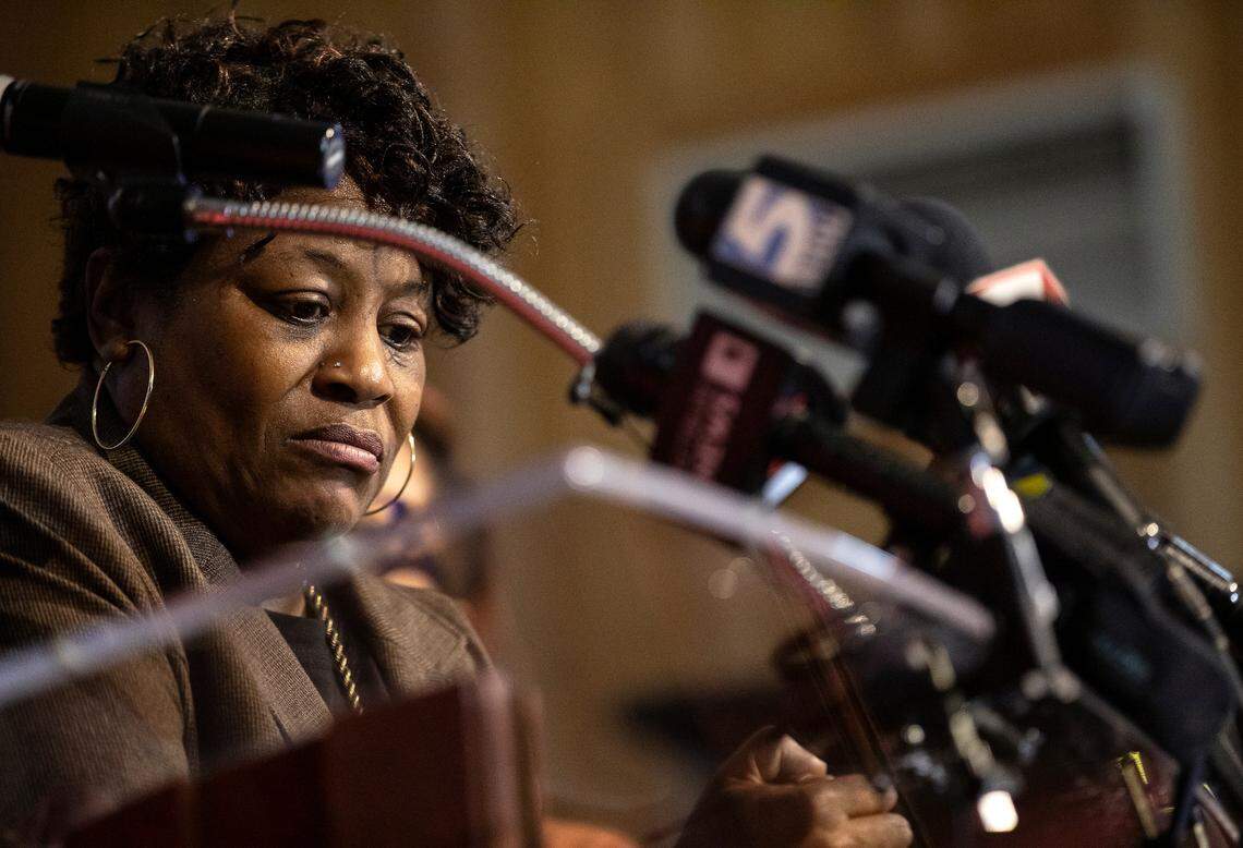 Sonya Williams listens during a press conference held to call for justice in the Jan. 17 death of her son, Darryl Williams, on Thursday, Feb. 16, 2023, at Mount Peace Baptist Church in Raleigh, N.C. Williams died after being tased by the Raleigh Police Department.