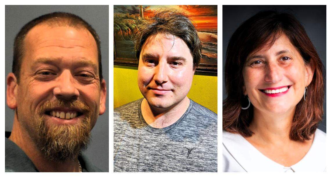 Karen Stegman (right) defeated Adam Beeman (left) to win the March 2026 primary for an at-large seat on the Orange County Board of Commissioners. She will face Republican Jeffrey Hoagland (center) in November.