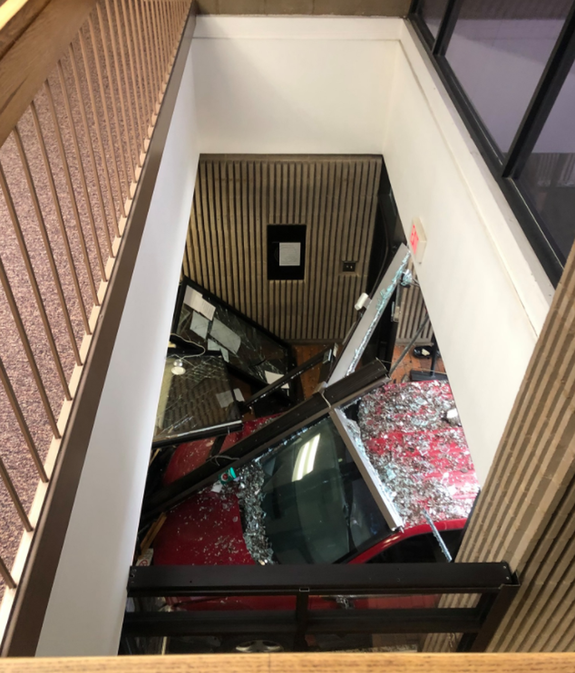 A picture taken from above the lobby gives a better idea of the damage caused.