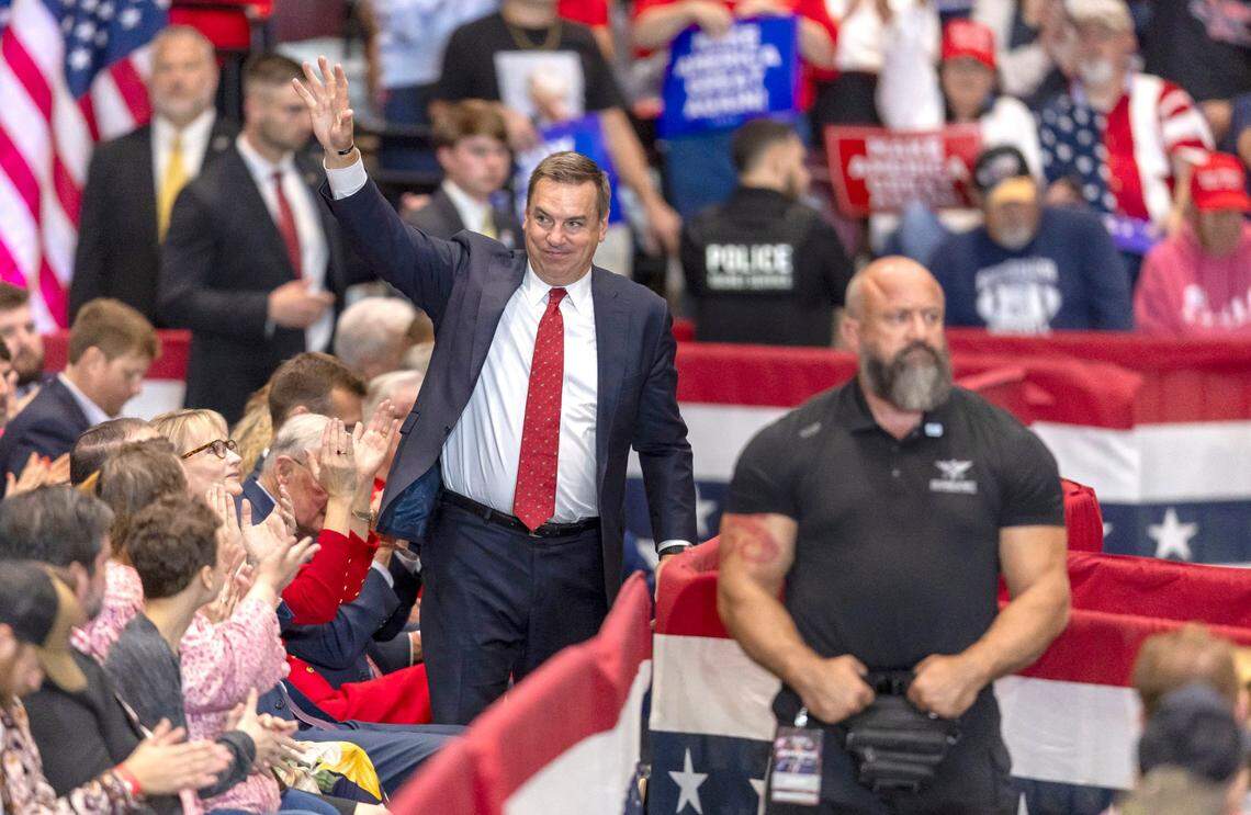Congressman Richard Hudson acknowledges the crowd as he introduced by former President Donald Trump, the Republican presidential nominee, during a rally on Wednesday, October 30, 2024 at the Rocky Mount Event Center in Rocky Mount, N.C.