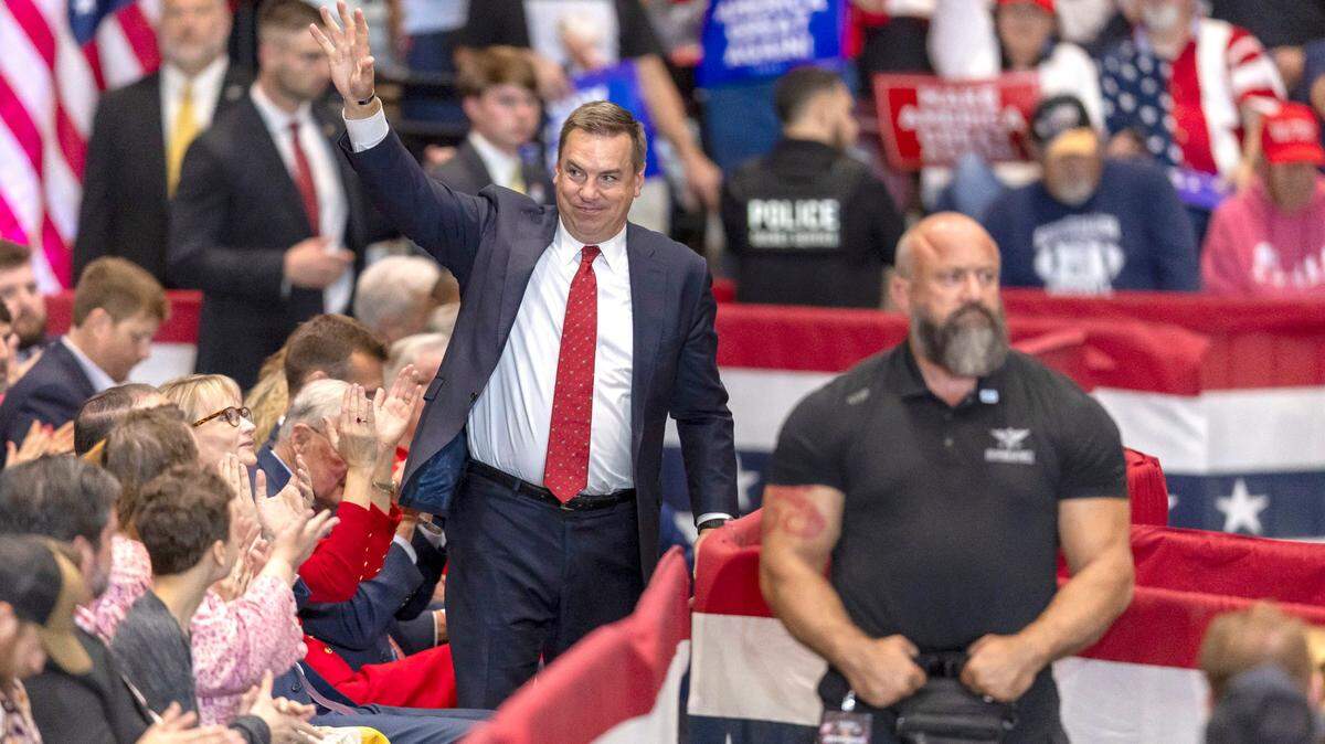 Congressman Richard Hudson acknowledges the crowd as he introduced by former President Donald Trump, the Republican presidential nominee, during a rally on Wednesday, October 30, 2024 at the Rocky Mount Event Center in Rocky Mount, N.C.
