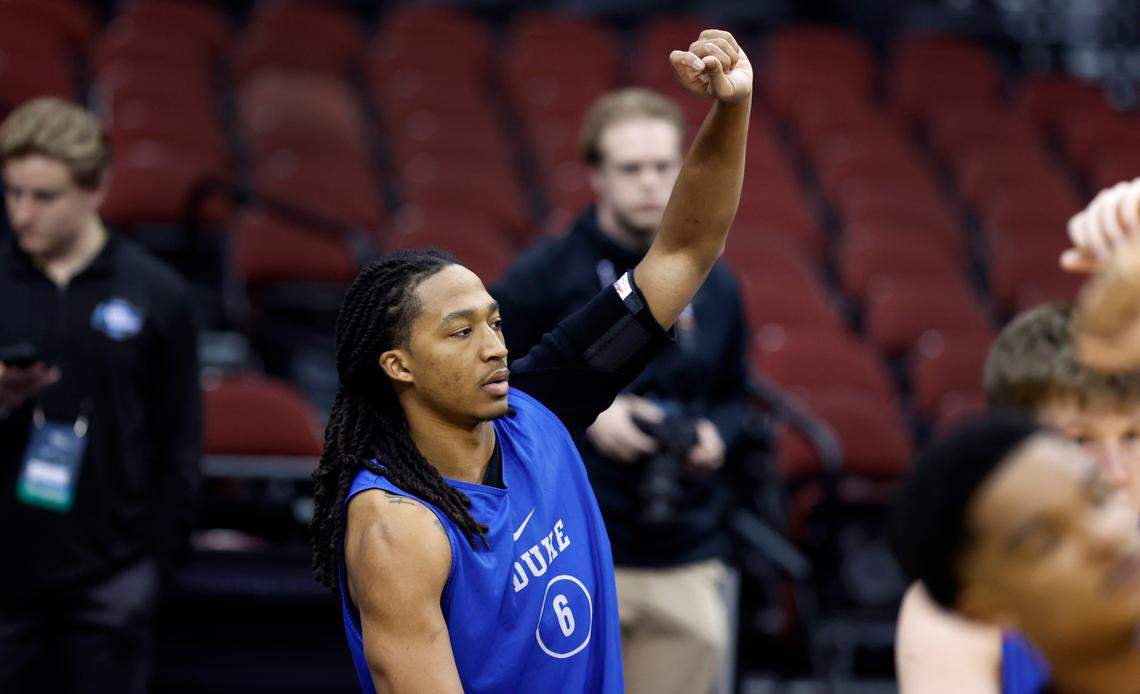 Duke’s Maliq Brown (6) stretches during the Blue Devils practice at the Prudential Center in Newark, N.J., Wednesday, March 26, 2025. Duke will face Arizona in their Sweet 16 game Thursday.