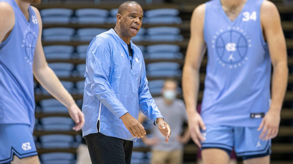 North Carolina coach Hubert Davis motivates his players during practice on Wednesday, September 29, 2021 at the Smith Center in Chapel Hill, N.C.
