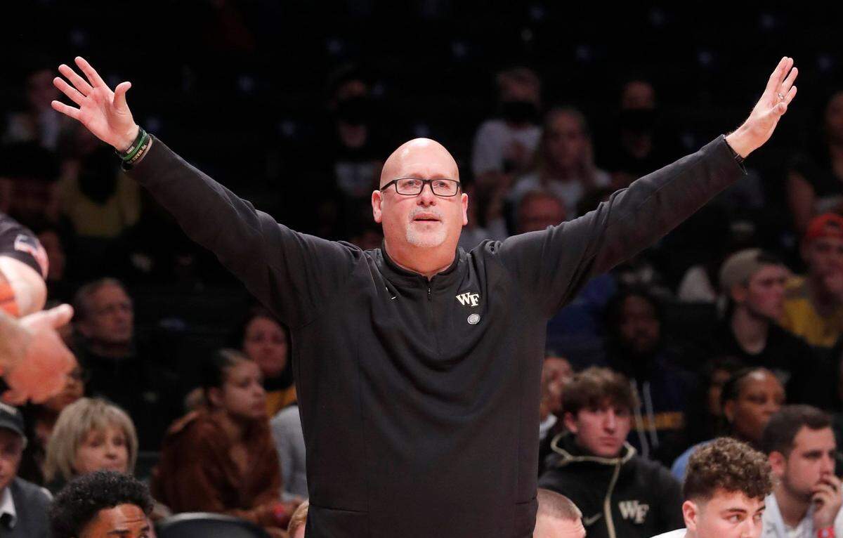 Wake Forest head coach Steve Forbes instructs his players during Boston College’s 82-77 overtime victory over Wake Forest in the second day of the ACC men’s basketball tournament at the Barclays Center in Brooklyn, N.Y., Wednesday, March 9, 2022.