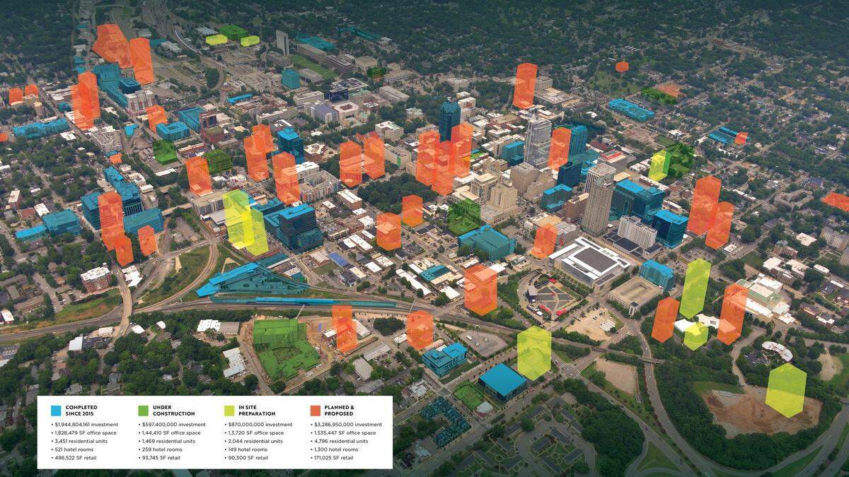 Downtown Raleigh is growing, with apartments scheduled to double to over 16,000 units, according to the Downtown Raleigh Alliance.