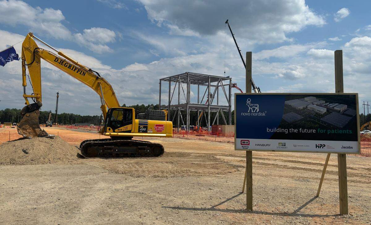 Construction crews work on Novo Nordisk’s $4.1 billion expansion project in Clayton, NC . 