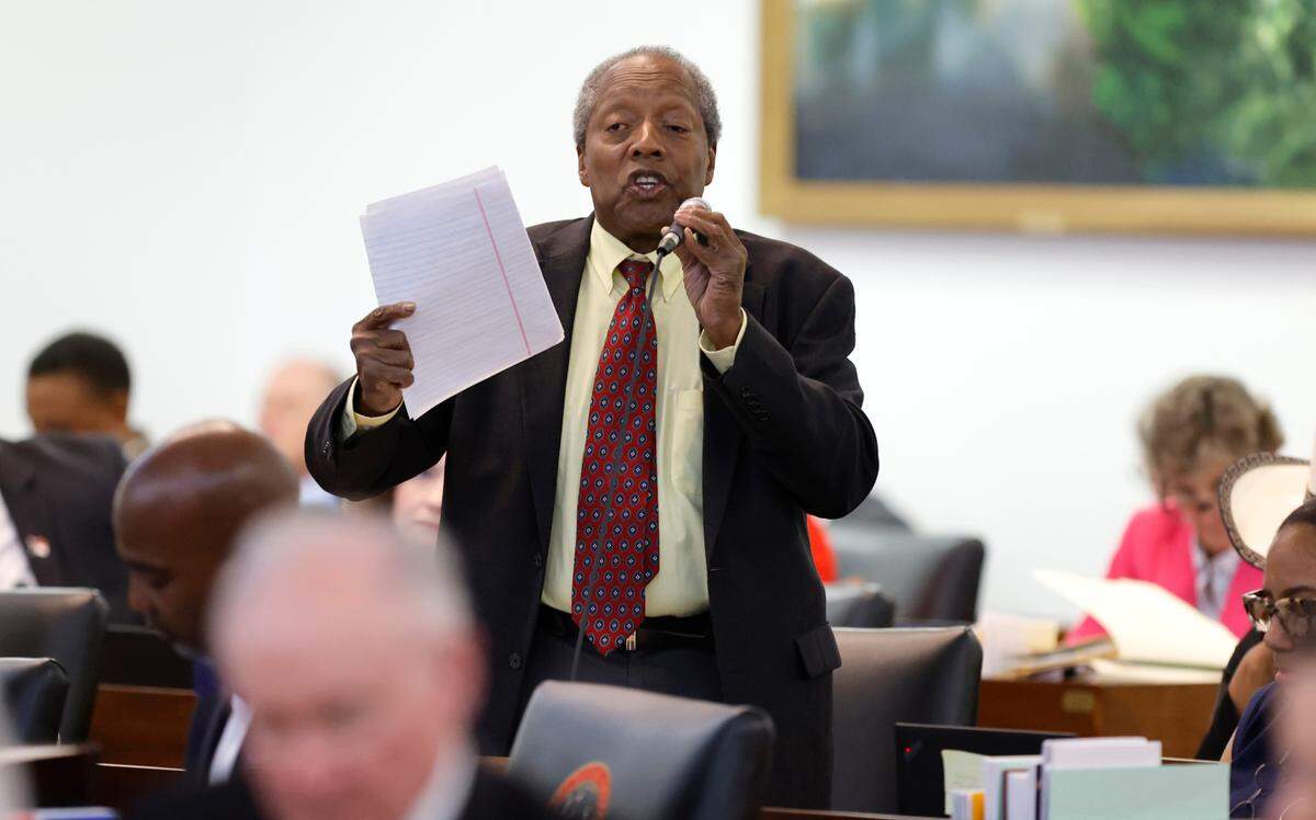 Rep. Abe Jones (D-Wake) argues against House Bill 10 during a debate in the legislature Wednesday, Sept. 11, 2024. The bill, among other things, contains hundreds of millions in private school voucher funding and requires sheriffs to cooperate with U.S. Immigration and Customs Enforcement.