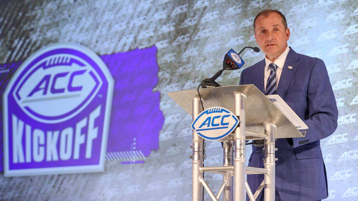 ACC commissioner Jim Phillips speaks during the ACC football kickoff in Charlotte, Wednesday, July 21, 2021.