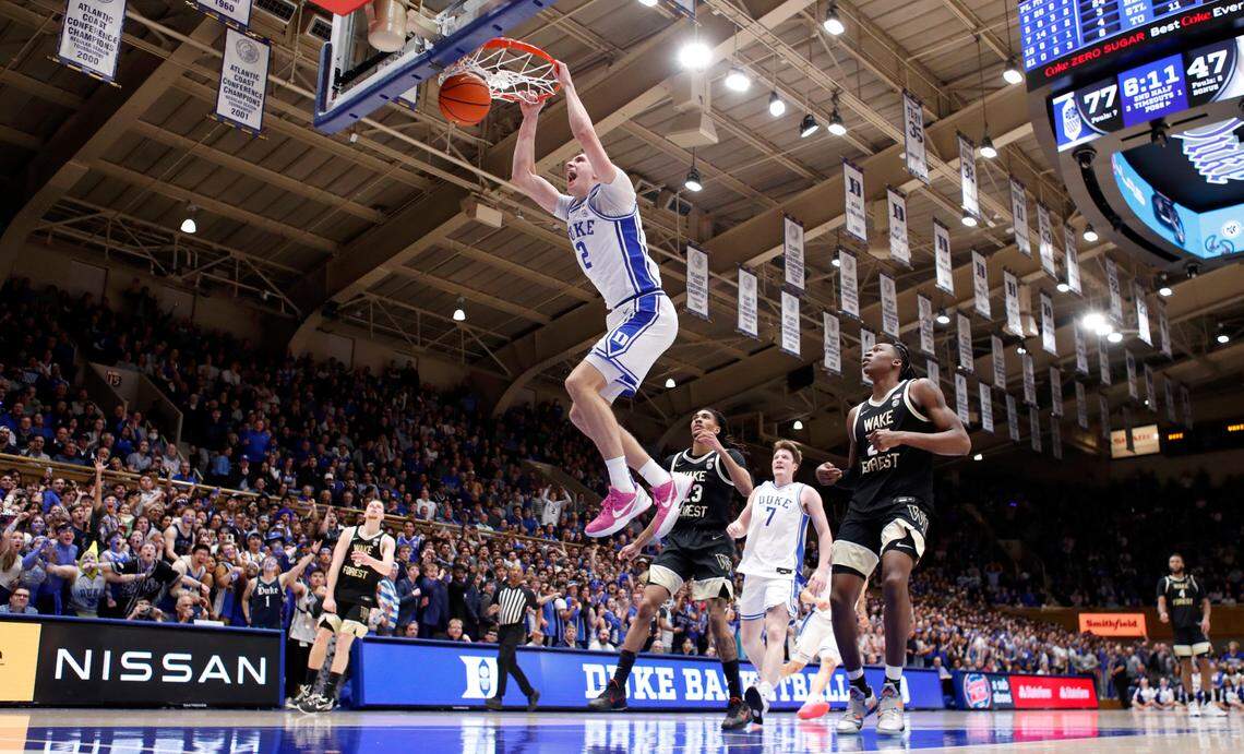 Duke’s Cooper Flagg (2) slams in two during Duke’s 93-60 victory over Wake Forest at Cameron Indoor Stadium in Durham, N.C., Monday, March 3, 2025.