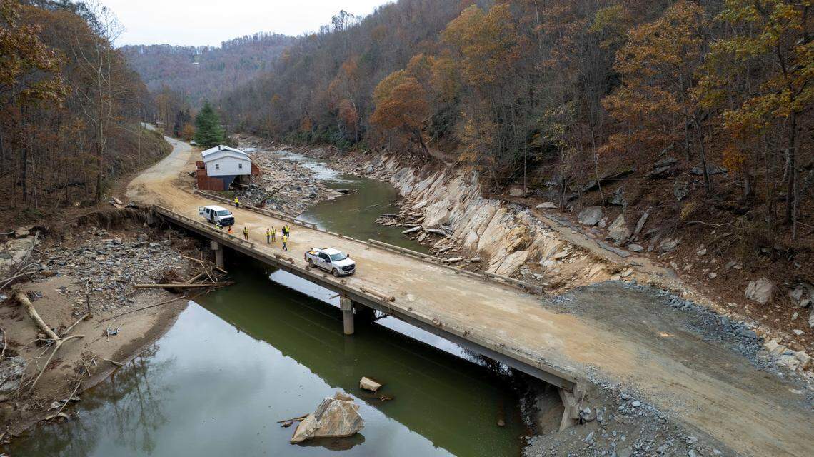 This bridge that carries U.S. 19W over the Cane River in Yancey County will need to be replaced after flooding from the remnants of Hurricane Helene. Photo taken in November 2024.