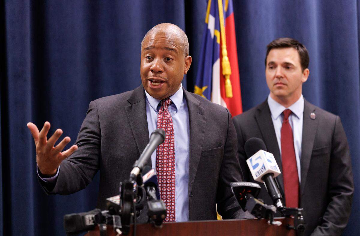 State Superintendent Mo Green speaks during a press conference on Monday, July 14, 2025, in Raleigh, N.C. North Carolina Attorney General Jeff Jackson announced he is joining two dozen states in suing the Trump administration for withholding nearly $7 billion in federal education funding.
