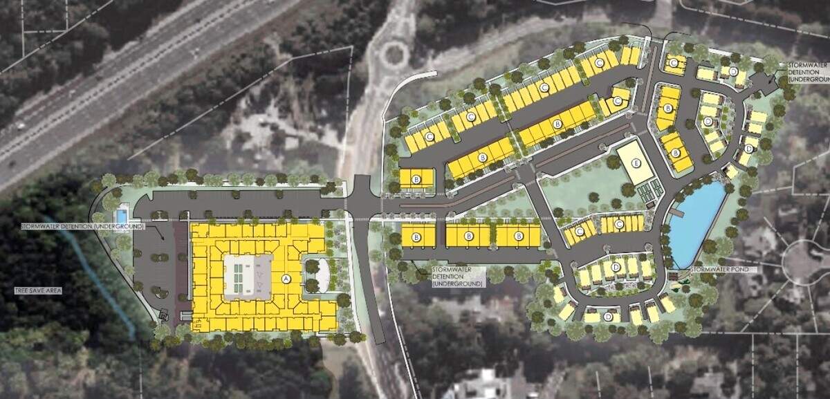 Developer EB Capital Partners merged two concept plans to create the Chapel Hill Crossings proposal at Old Durham and Pope roads in Chapel Hill. The plan shows apartments north of Old Durham Road (left) and townhouses and cottages (right) to the south.