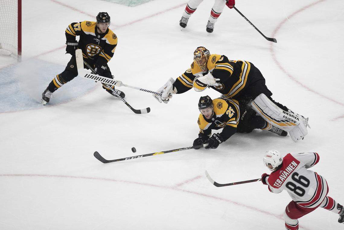 Carolina Hurricanes’ Teuvo Teravainen (86) scores on Boston Bruins’ goalie Tuukka Rask (40) in the third period of Game 2 of the Eastern Conference finals on Sunday, May 12, 2019 at TD Garden in Boston, Mass. The Bruins rolled to a 6-2 win over the Hurricanes.