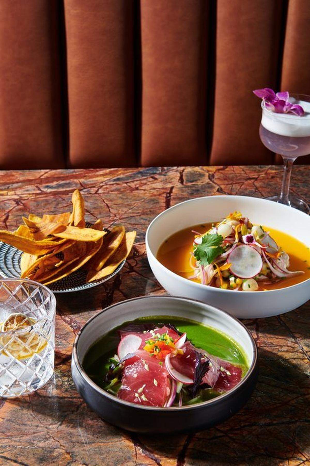 A photo of Little Bull’s plates, featuring its ceviche made with local fish.