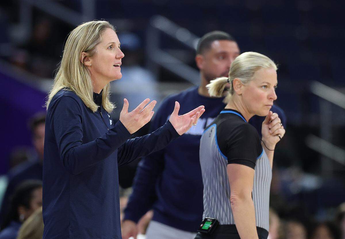 Head coach Courtney Banghart of the North Carolina Tar Heels reacts against the Virginia Tech Hokies during the second quarter of the teams’ Women’s ACC Tournament quarterfinal at Gas South Arena on March 6, 2026 in Duluth, Georgia.