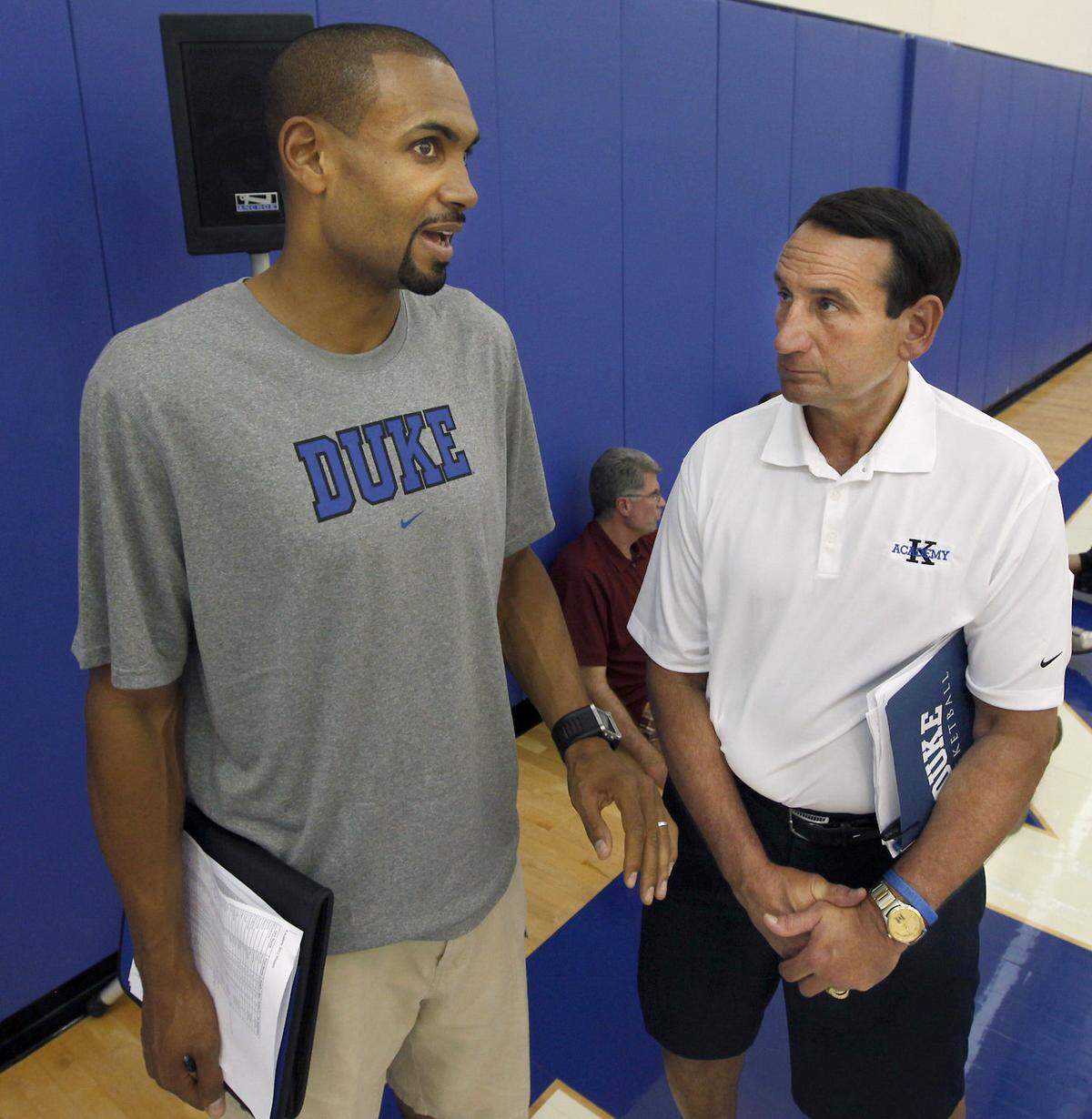 Duke University head basketball coach Mike Krzyzewski (right) speaks with former player Grant Hill , Class of 1994 Wednesday June 1, 2011 at the opening of his K Academy 9 Fantasy basketball camp.camp.
