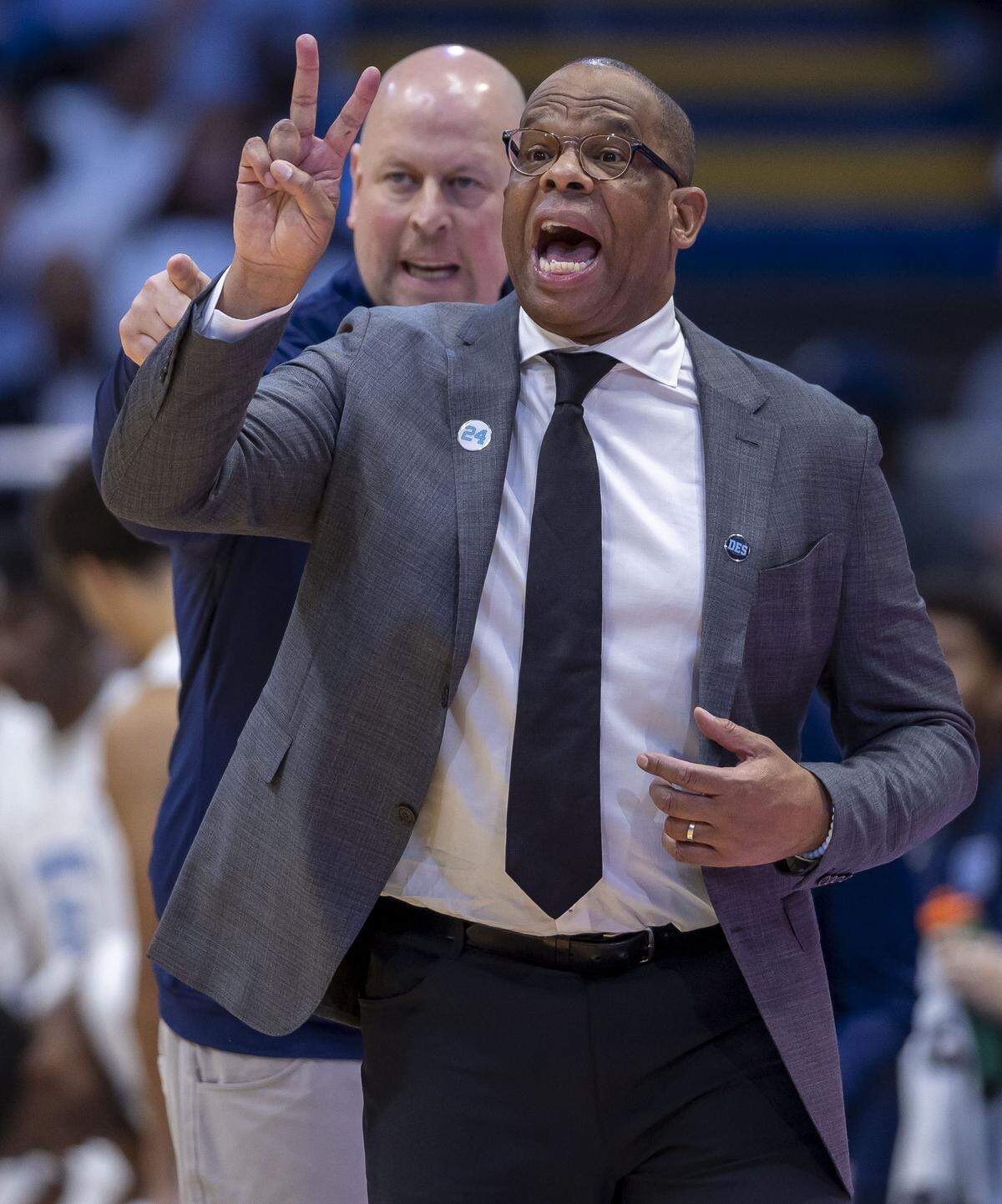 North Carolina coach Hubert Davis and assistant coach Pat Sullivan direct the Tar Heels on offense in the first half against Central Arkansas on Monday, November 3, 2025 at the Smith Center in Chapel Hill, N.C.