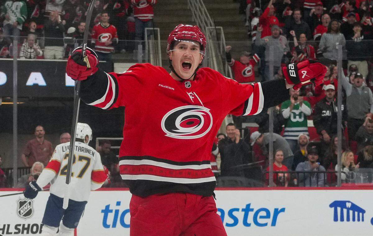 Carolina Hurricanes center Martin Necas (88) celebrates a Hurricanes goal against the Florida Panthers during the first period at Lenovo Center.