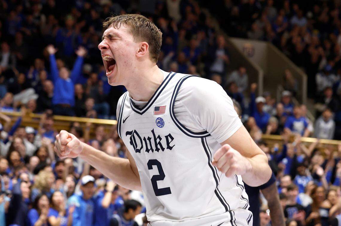 Duke’s Cooper Flagg (2) celebrates after slamming in two during the second half of Duke’s 86-78 victory over Notre Dame at Cameron Indoor Stadium in Durham, N.C., Saturday, Jan. 11, 2025.