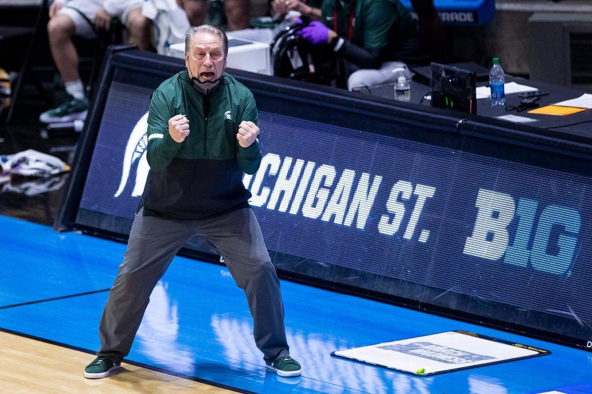 Michigan State coach Tom Izzo yells to players during the second half of a First Four game against UCLA in the NCAA men’s college basketball tournament, Friday, March 19, 2021, at Mackey Arena in West Lafayette, Ind. UCLA won 86-80. (AP Photo/Robert Franklin)